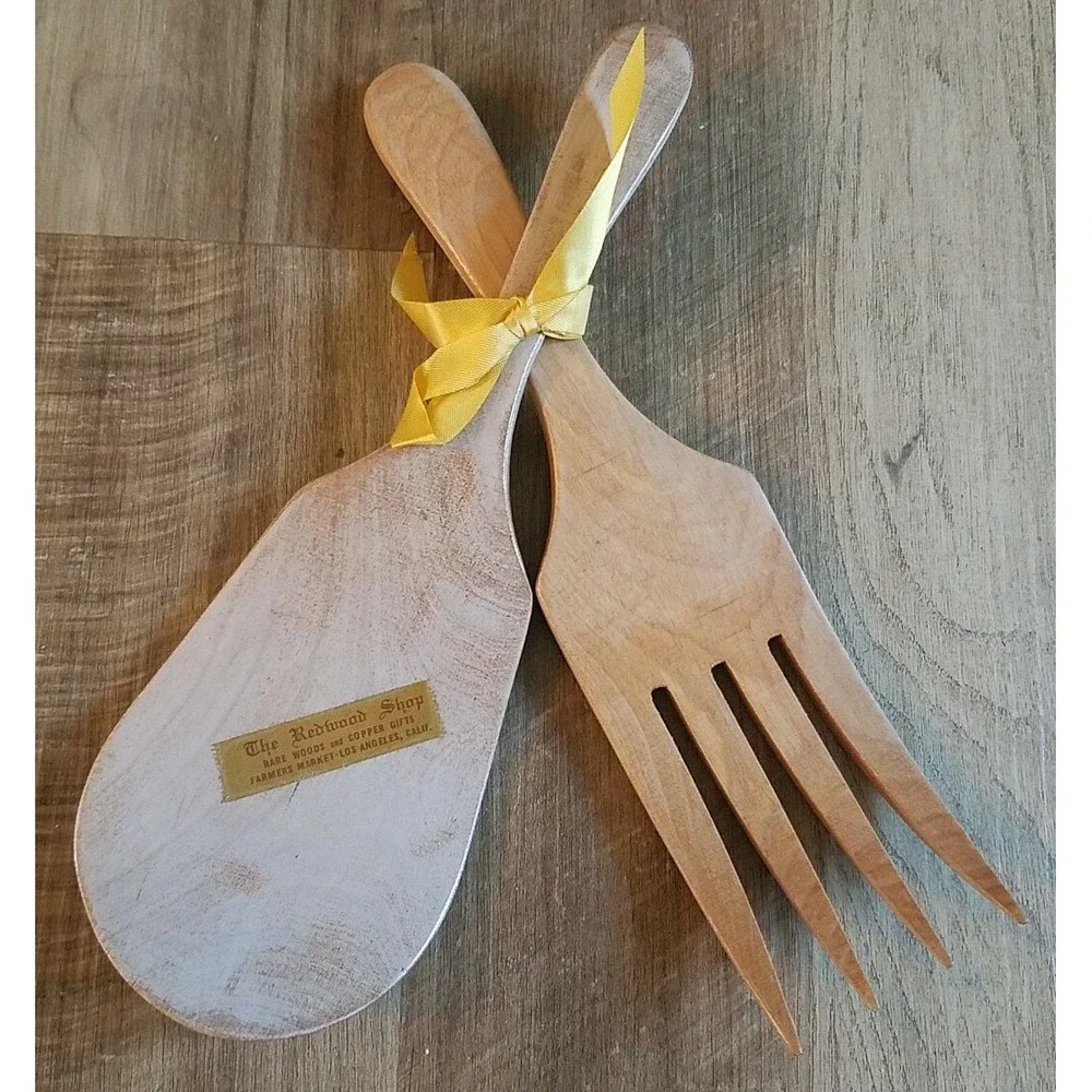 Vintage Kitchen Kitsch Decor Wood Salad Servers Utensils Fork and Spoon Cottage‎
